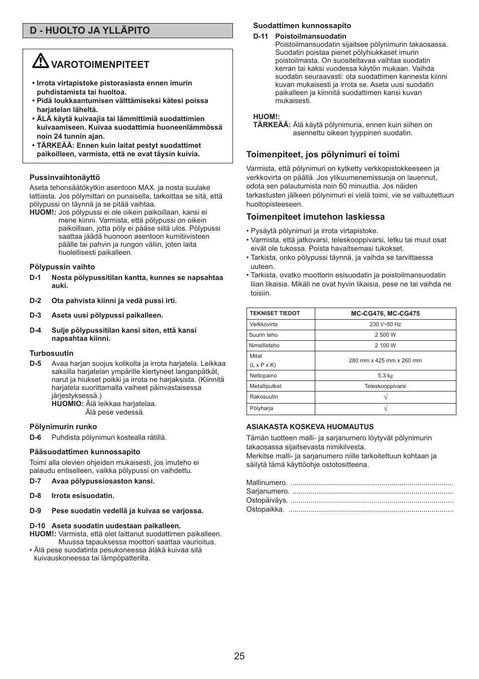 Varotoimenpiteet, D - huolto ja ylläpito | Panasonic MCCG476BE7A User Manual | Page 25 / 32