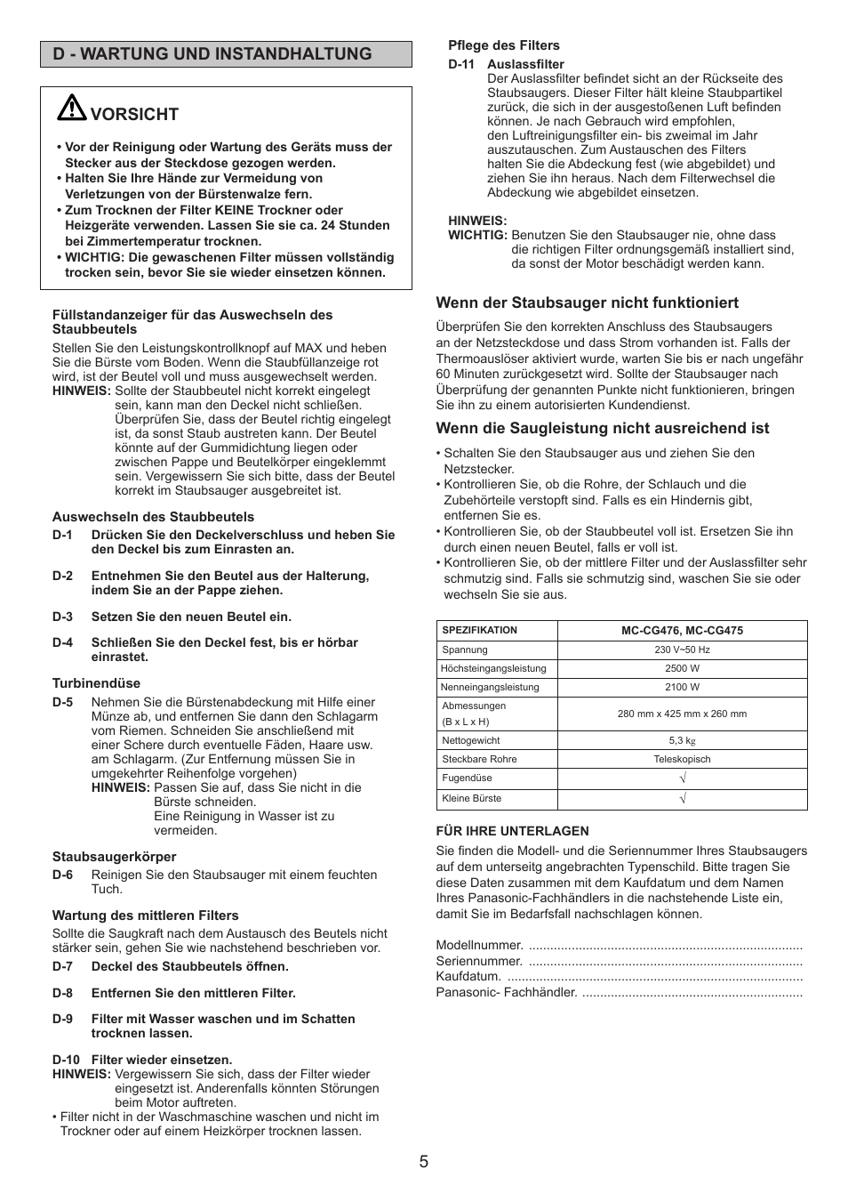 Vorsicht, D - wartung und instandhaltung | Panasonic MCCG476BE7A User Manual | Page 5 / 32