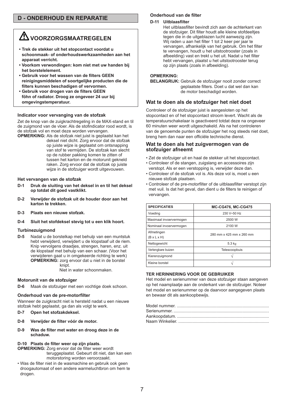 Voorzorgsmaatregelen, D - onderhoud en reparatie | Panasonic MCCG476BE7A User Manual | Page 7 / 32