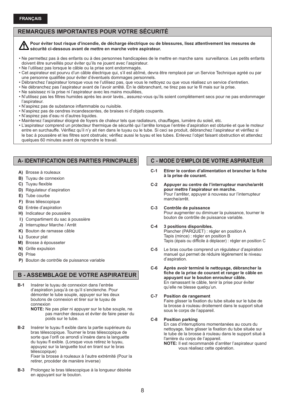 Remarques importantes pour votre sécurité | Panasonic MCCG476BE7A User Manual | Page 8 / 32