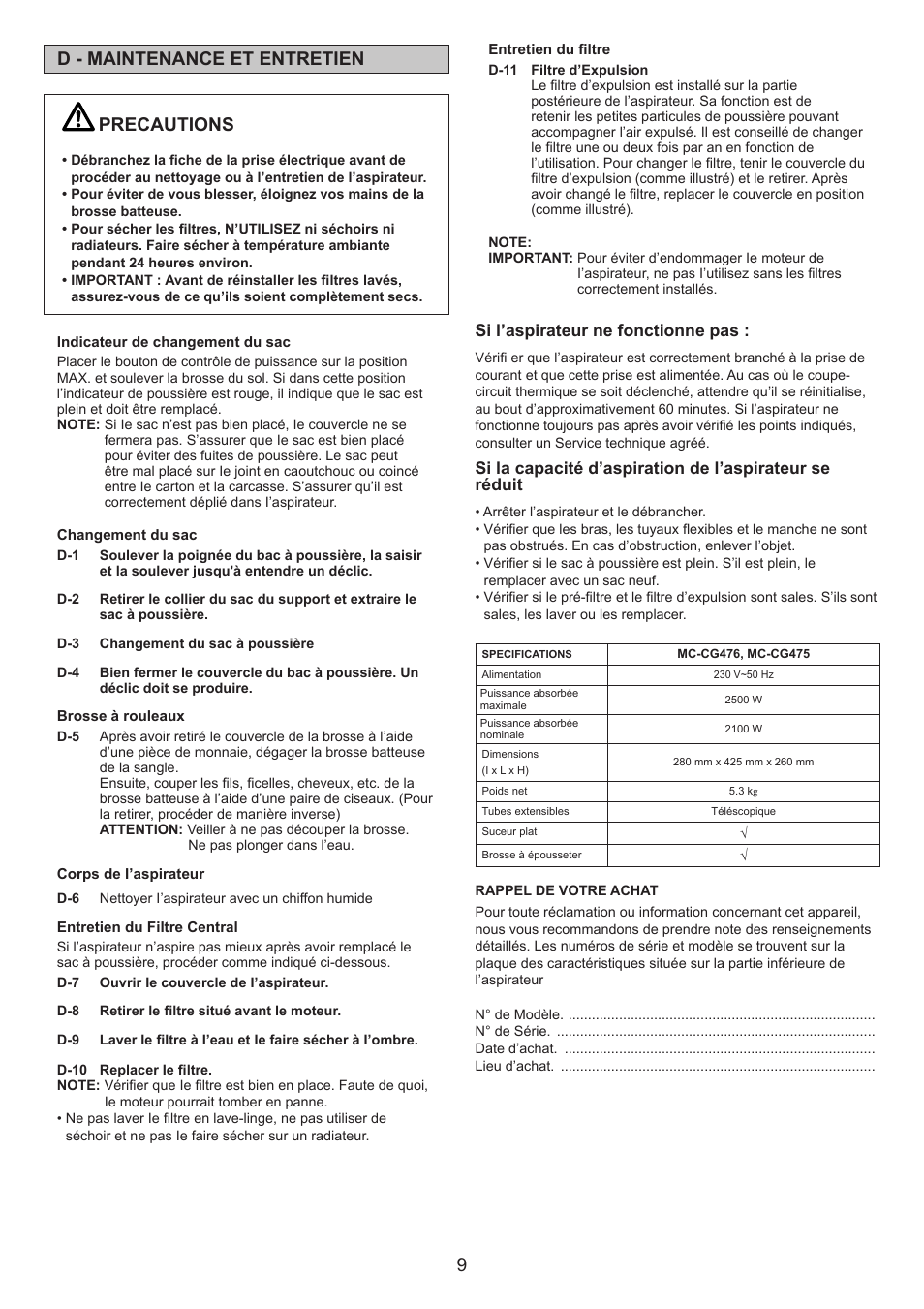 Precautions, D - maintenance et entretien | Panasonic MCCG476BE7A User Manual | Page 9 / 32