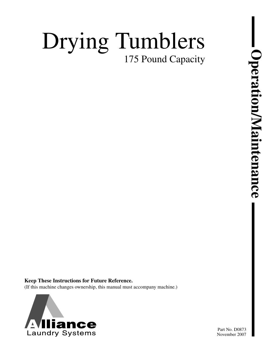 Alliance Laundry Systems Drying Tumblers 175 Pound Capacity User Manual | 32 pages