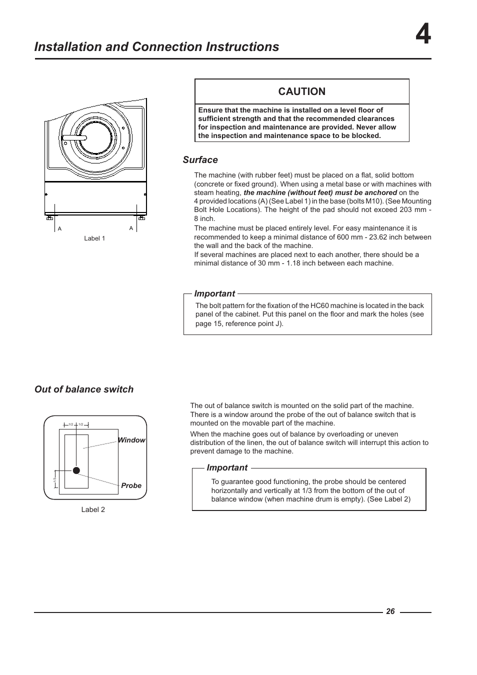 Installation and connection instructions, Caution, Surface | Out of balance switch | Alliance Laundry Systems HC100 User Manual | Page 26 / 56