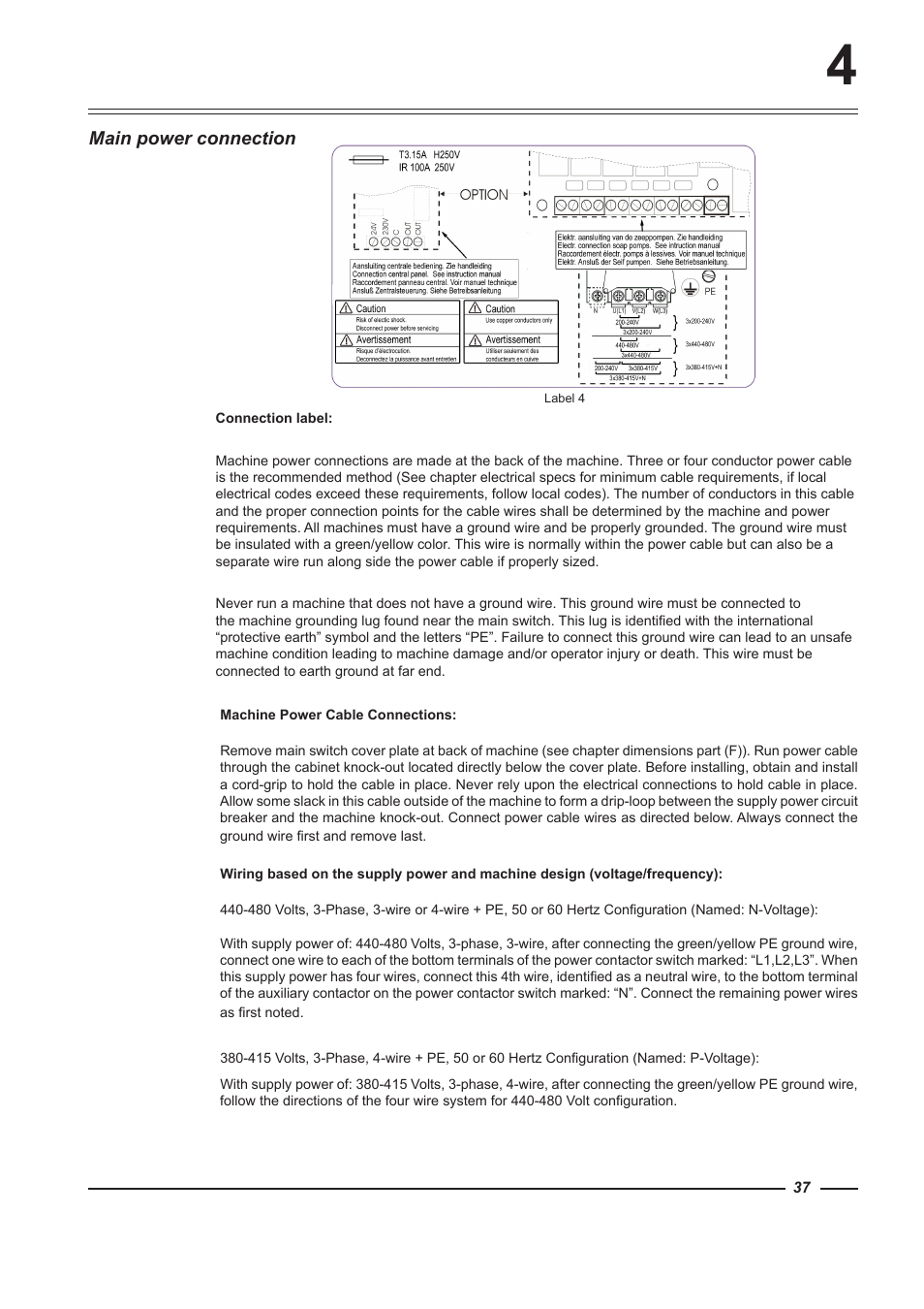 Main power connection | Alliance Laundry Systems HC100 User Manual | Page 37 / 56