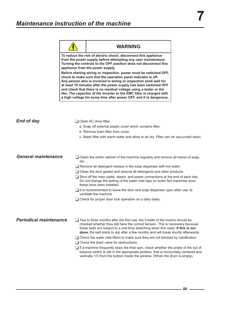 Maintenance instruction of the machine, Warning | Alliance Laundry Systems HC100 User Manual | Page 50 / 56