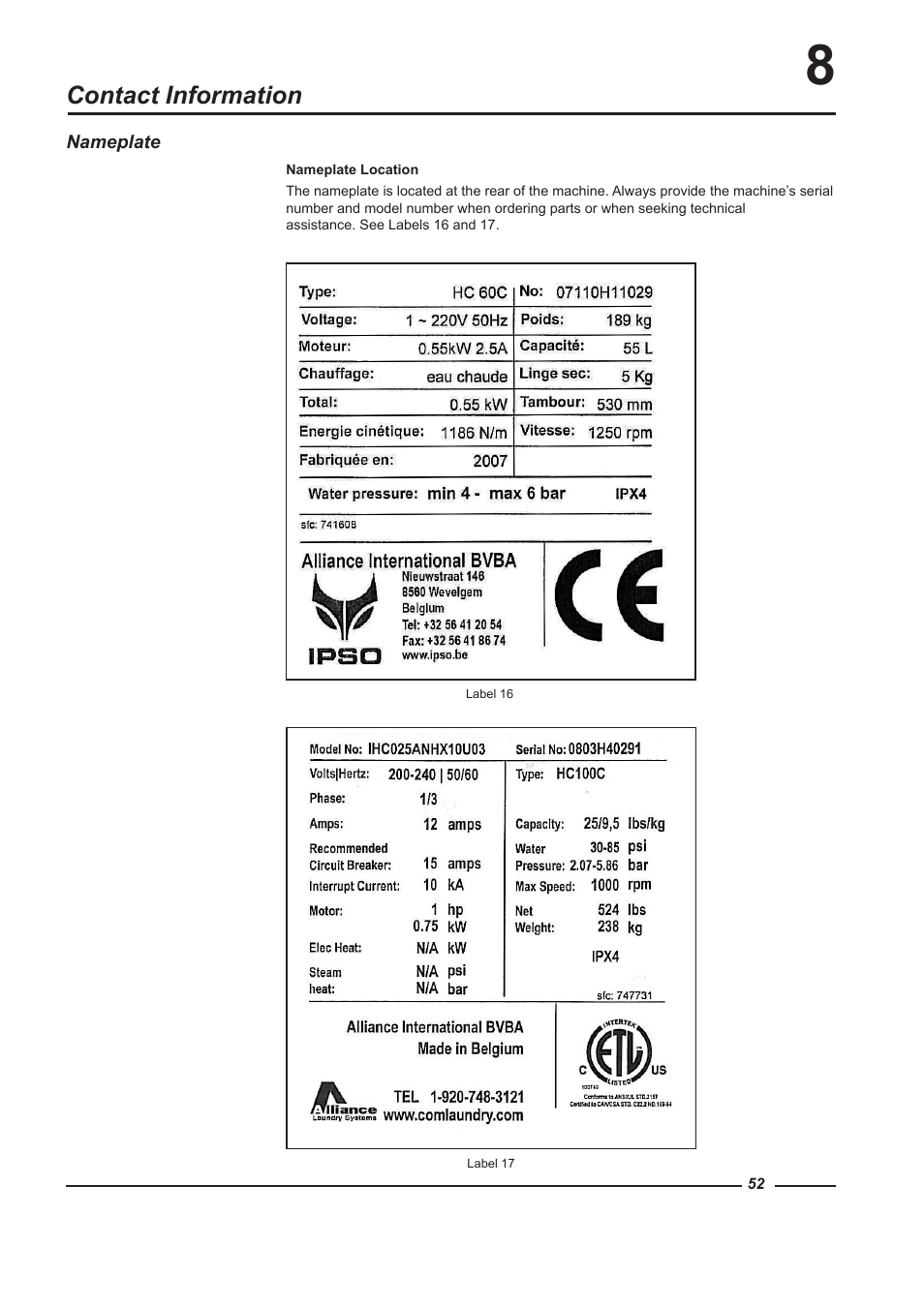 Contact information | Alliance Laundry Systems HC100 User Manual | Page 52 / 56