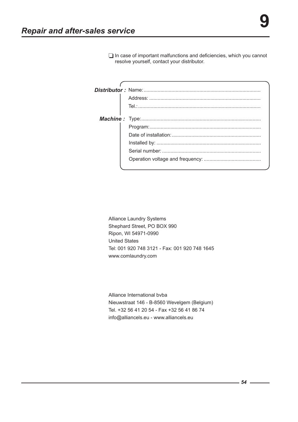 Repair and after-sales service | Alliance Laundry Systems HC100 User Manual | Page 54 / 56