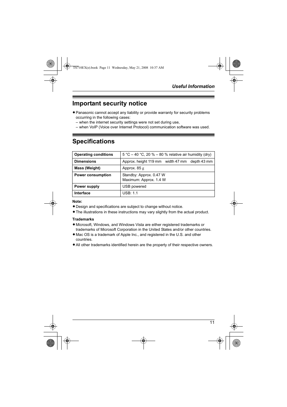 Important security notice specifications, Important security notice, Specifications | Panasonic KXTS710EX User Manual | Page 11 / 56