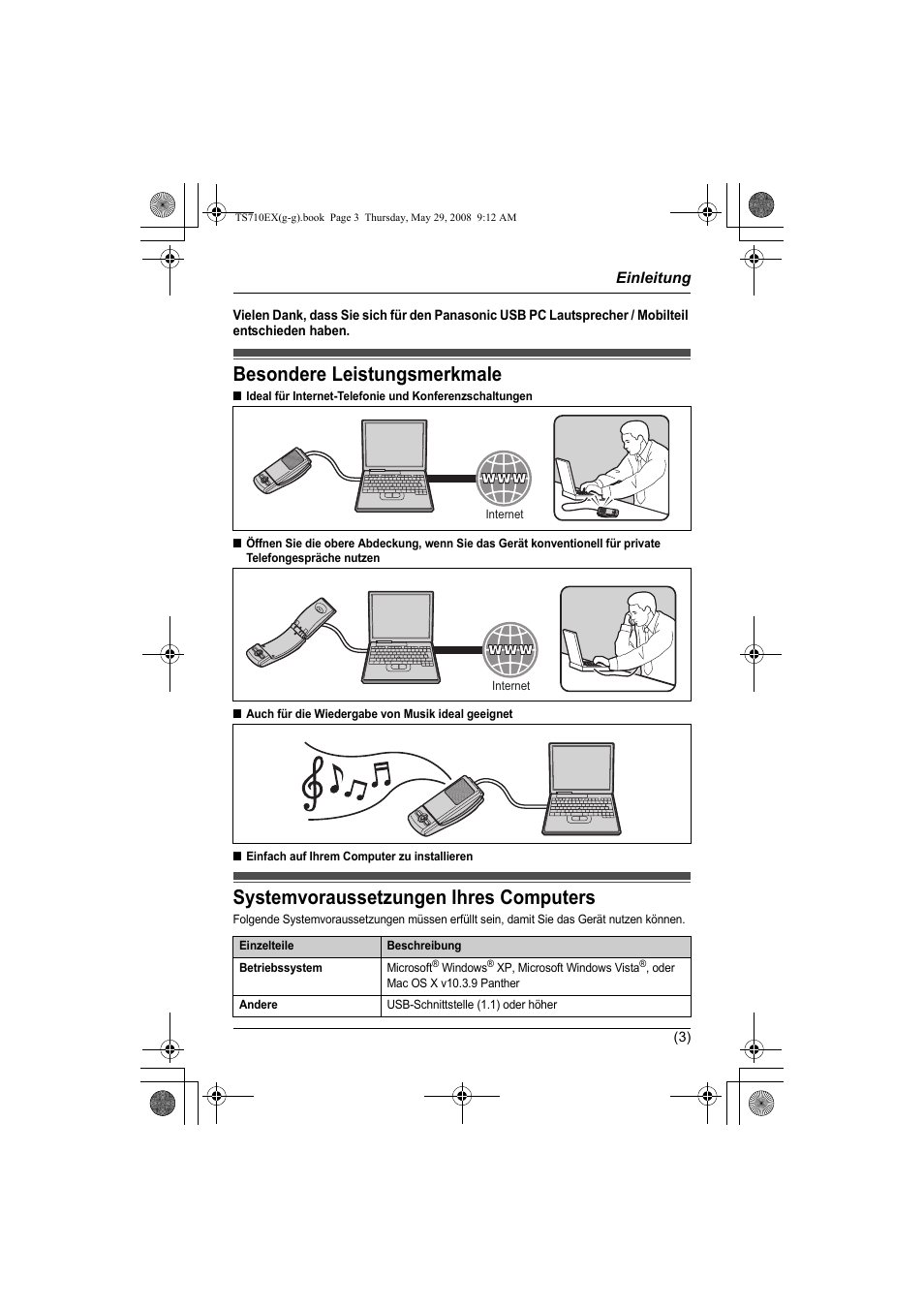 Einleitung, Besondere leistungsmerkmale, Systemvoraussetzungen ihres computers | Panasonic KXTS710EX User Manual | Page 17 / 56