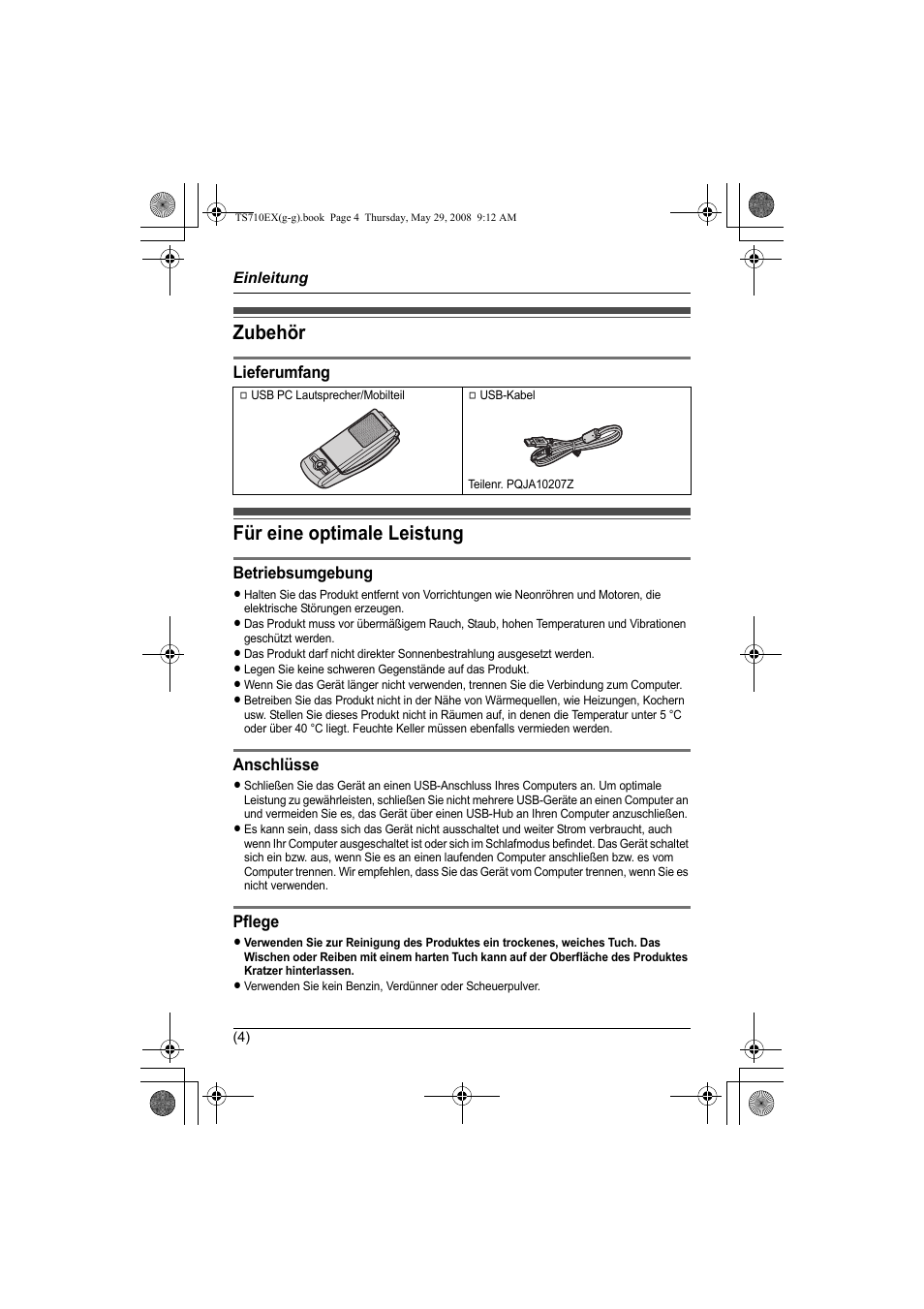 Zubehör für eine optimale leistung, Zubehör, Für eine optimale leistung | Lieferumfang, Betriebsumgebung, Anschlüsse, Pflege | Panasonic KXTS710EX User Manual | Page 18 / 56