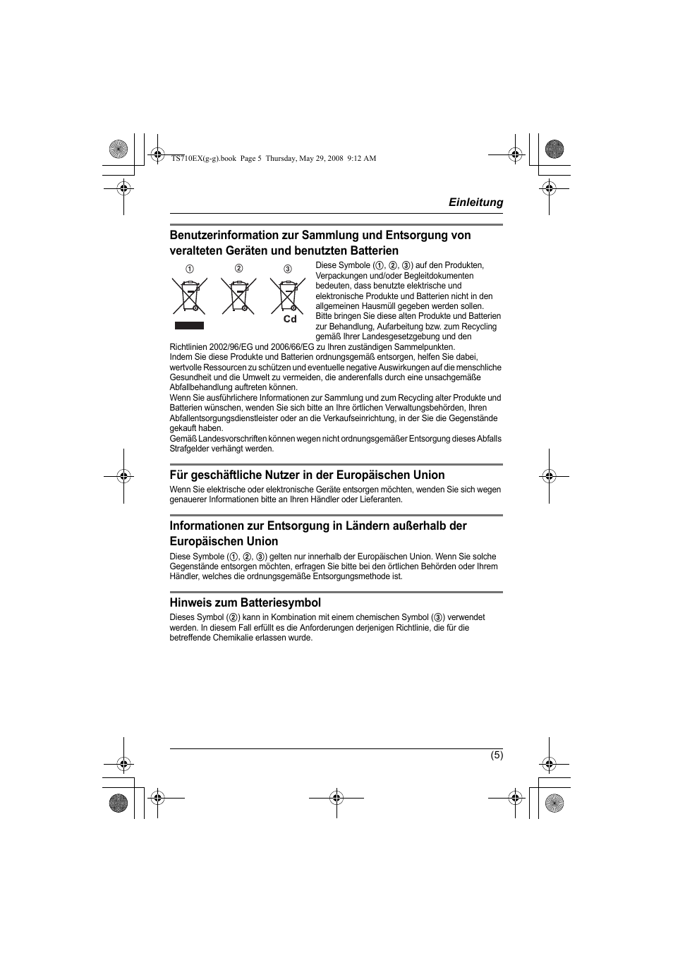 Für geschäftliche nutzer in der europäischen union, Hinweis zum batteriesymbol | Panasonic KXTS710EX User Manual | Page 19 / 56