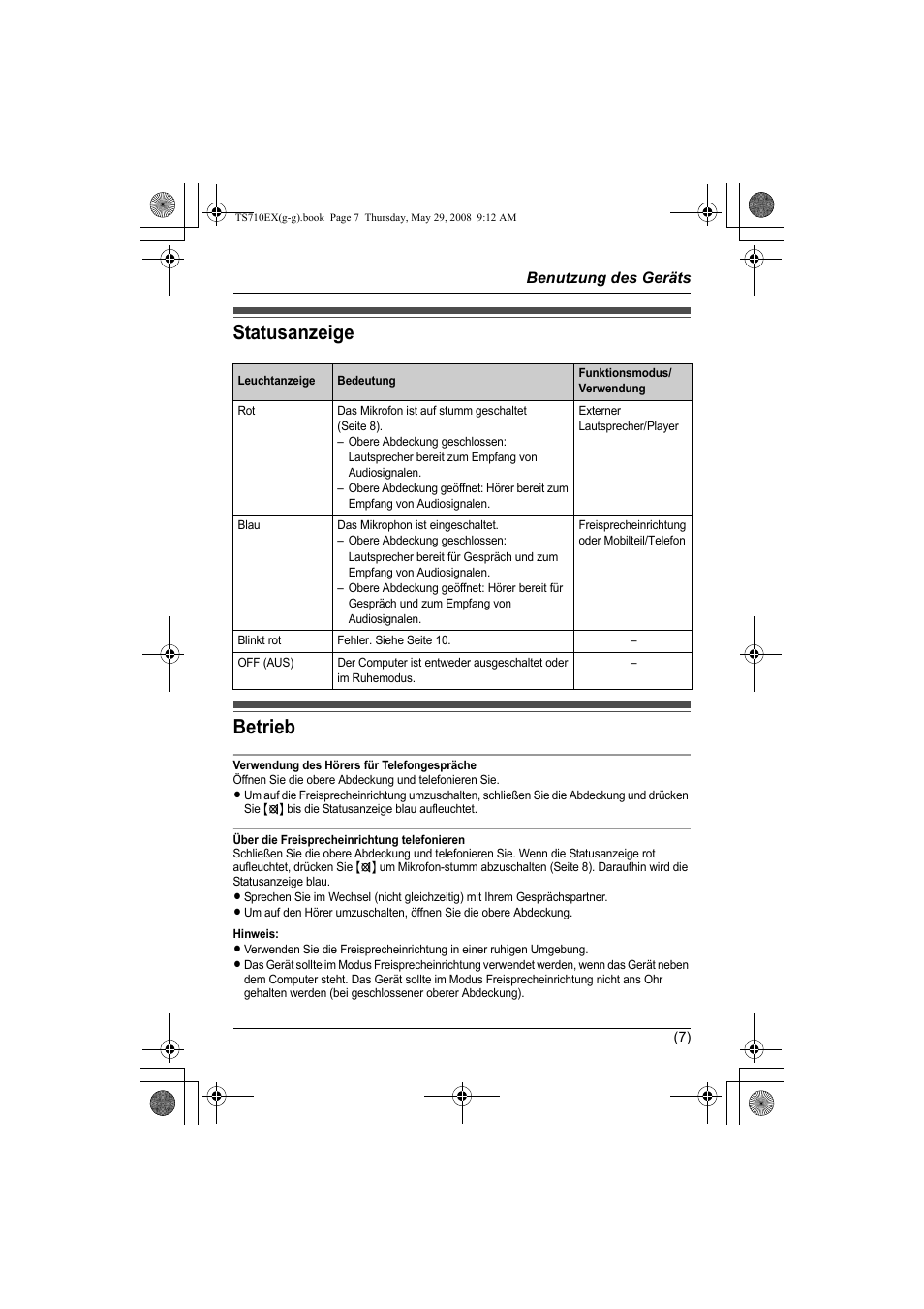 Benutzung des geräts, Statusanzeige betrieb | Panasonic KXTS710EX User Manual | Page 21 / 56