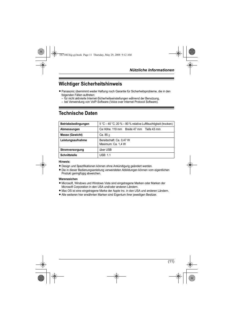 Wichtiger sicherheitshinweis technische daten, Wichtiger sicherheitshinweis, Technische daten | Panasonic KXTS710EX User Manual | Page 25 / 56