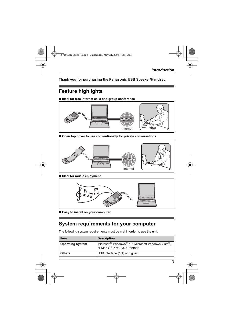 Introduction, Feature highlights, System requirements for your computer | Panasonic KXTS710EX User Manual | Page 3 / 56