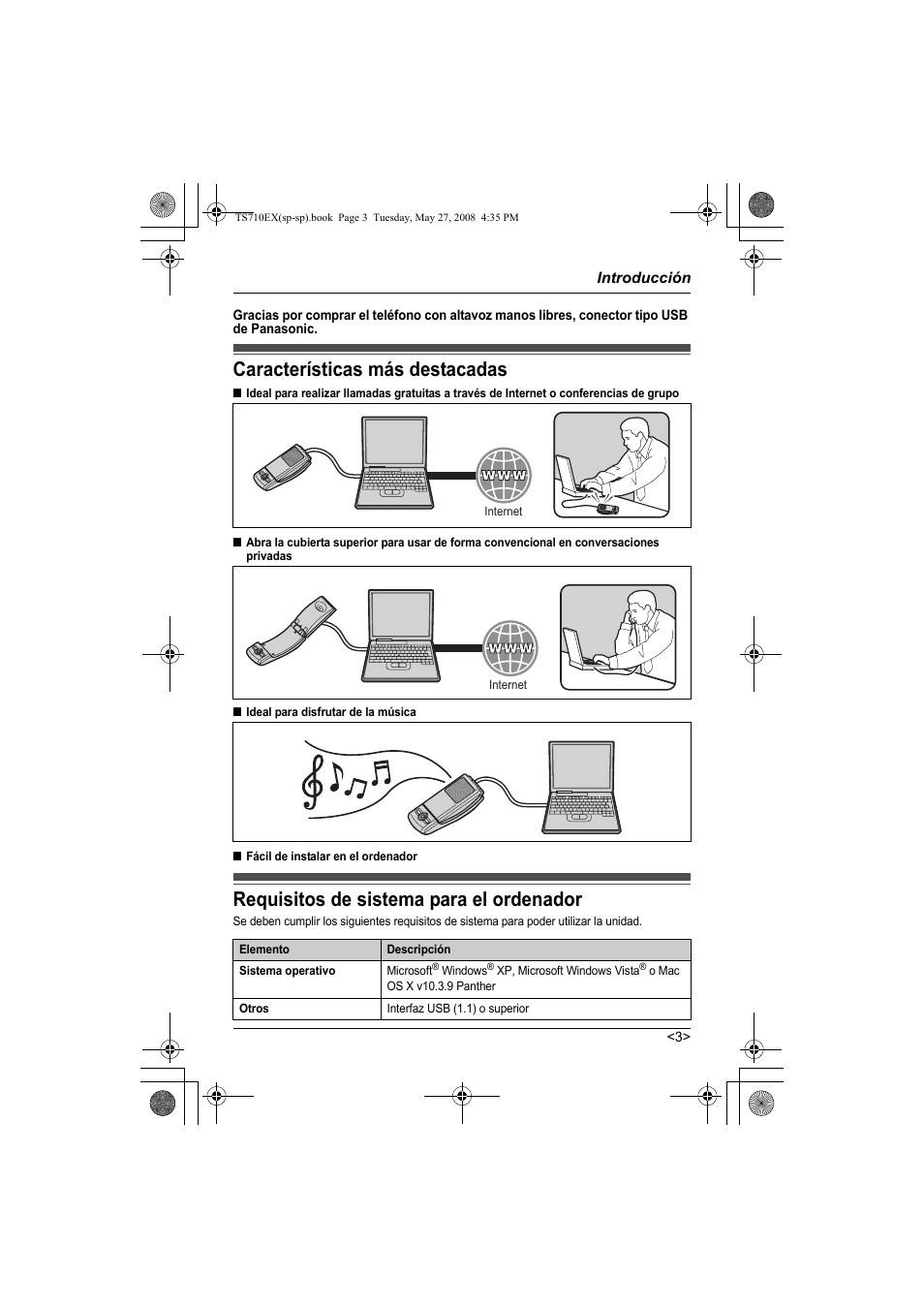 Introducción, Características más destacadas, Requisitos de sistema para el ordenador | Panasonic KXTS710EX User Manual | Page 31 / 56