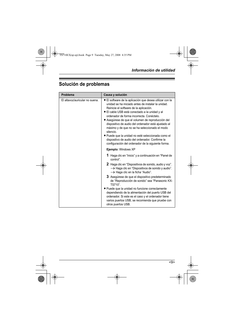 Información de utilidad, Solución de problemas | Panasonic KXTS710EX User Manual | Page 37 / 56