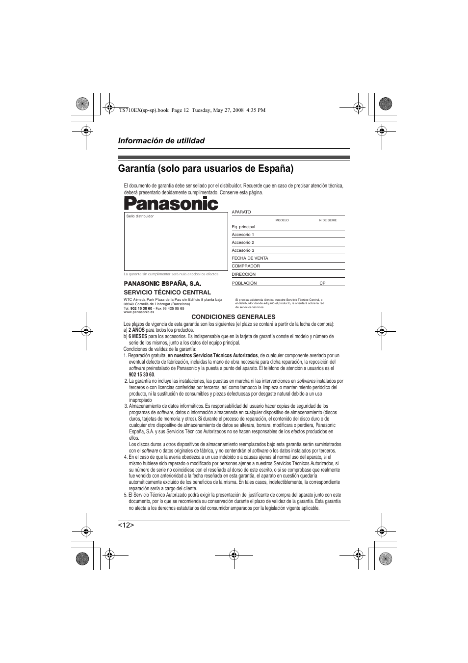 Garantía (solo para usuarios de españa), Información de utilidad | Panasonic KXTS710EX User Manual | Page 40 / 56