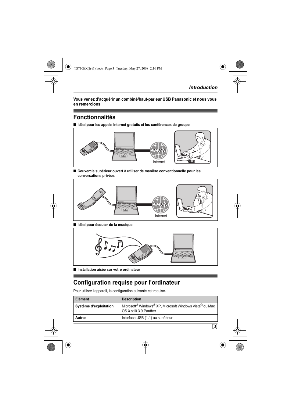 Introduction, Fonctionnalités, Configuration requise pour l’ordinateur | Panasonic KXTS710EX User Manual | Page 45 / 56