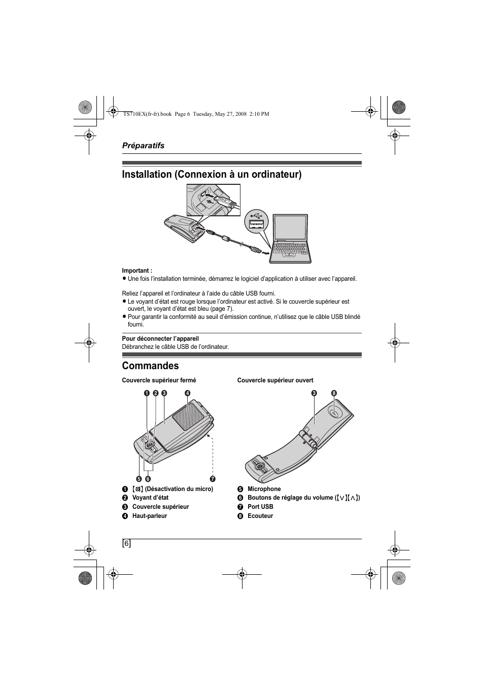 Installation (connexion à un ordinateur), Commandes | Panasonic KXTS710EX User Manual | Page 48 / 56