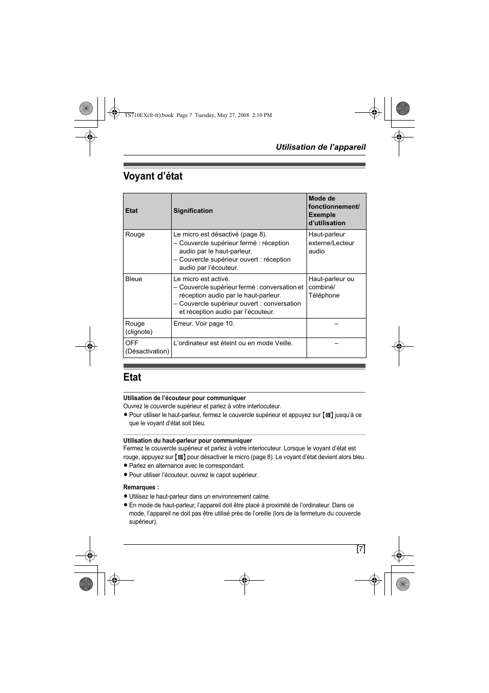 Utilisation de l’appareil voyant d’état etat, Voyant d’état etat | Panasonic KXTS710EX User Manual | Page 49 / 56