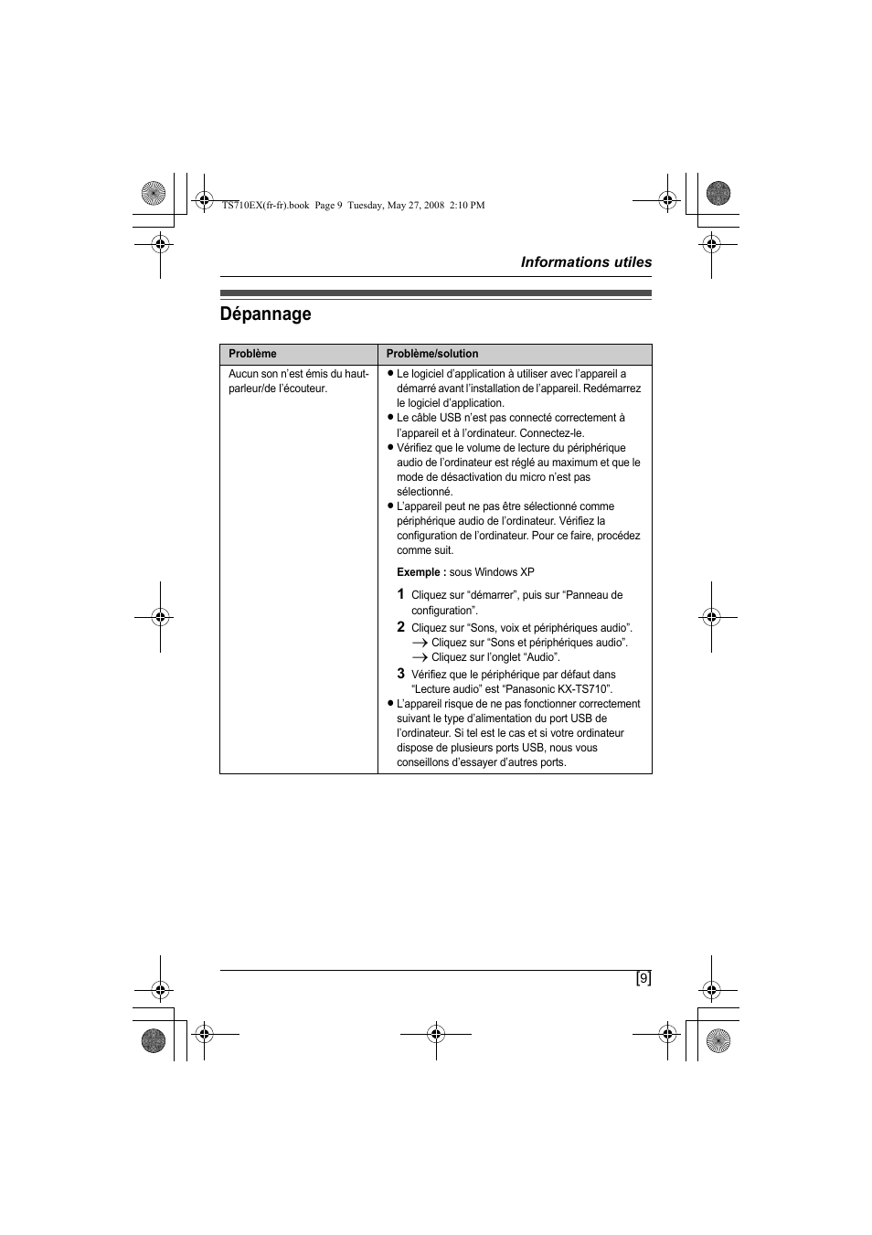 Informations utiles dépannage, Dépannage | Panasonic KXTS710EX User Manual | Page 51 / 56