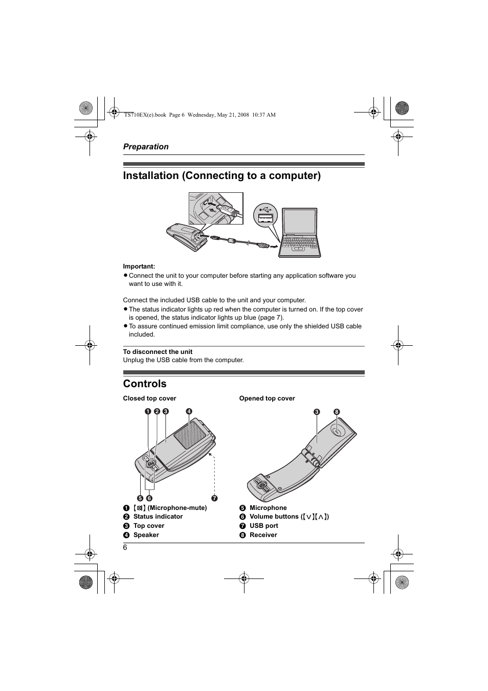 Preparation, Installation (connecting to a computer) controls, Installation (connecting to a computer) | Controls | Panasonic KXTS710EX User Manual | Page 6 / 56