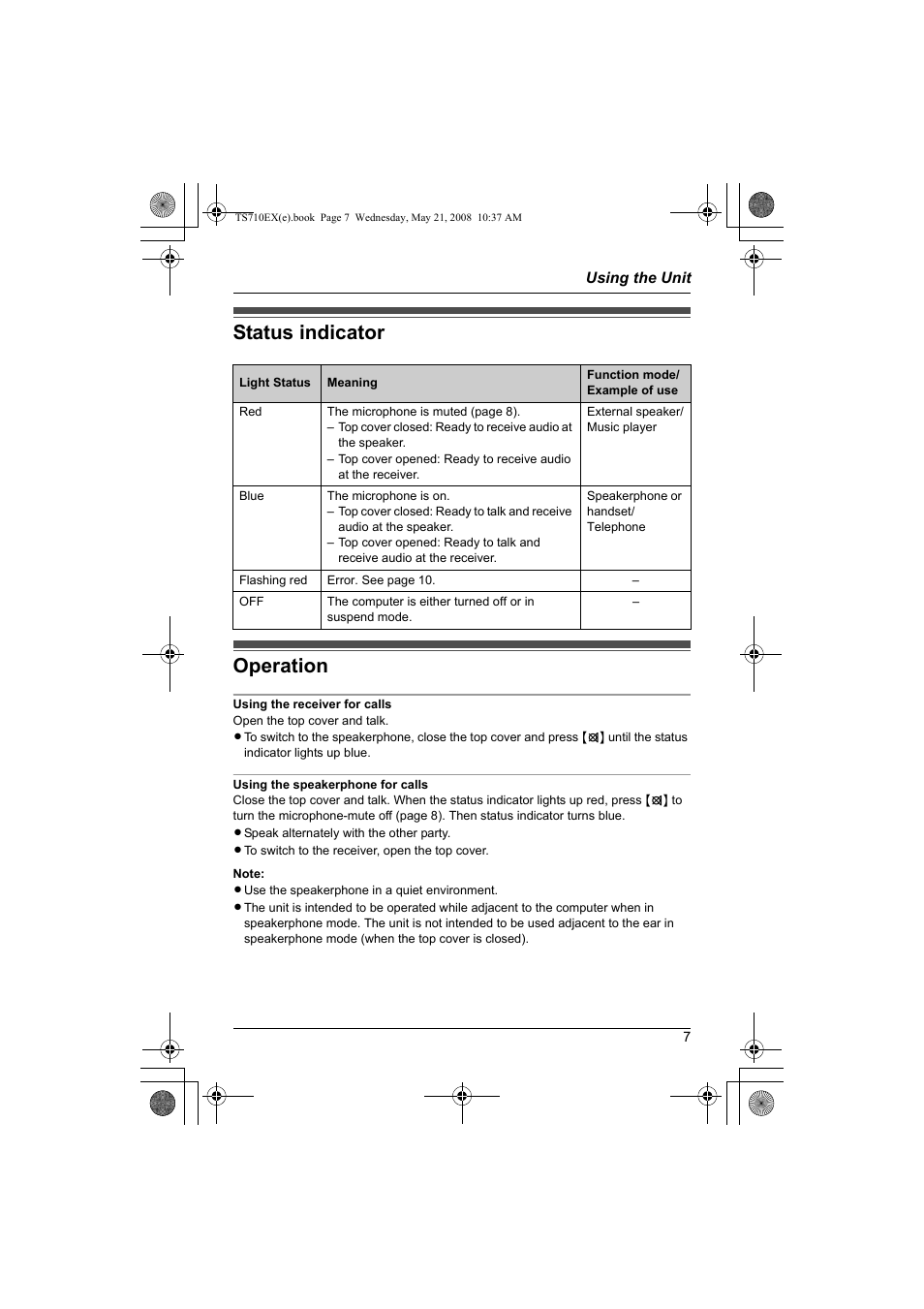 Using the unit, Status indicator operation | Panasonic KXTS710EX User Manual | Page 7 / 56