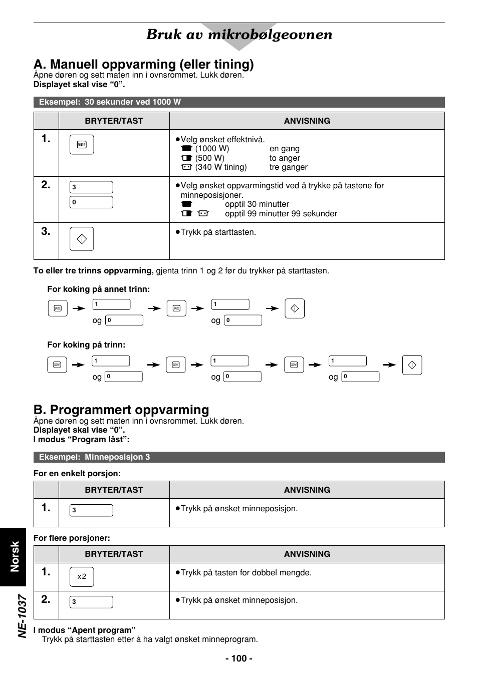 Bruk av mikrobølgeovnen, A. manuell oppvarming (eller tining), B. programmert oppvarming | Norsk ne-1037 | Panasonic NE1027 User Manual | Page 100 / 116