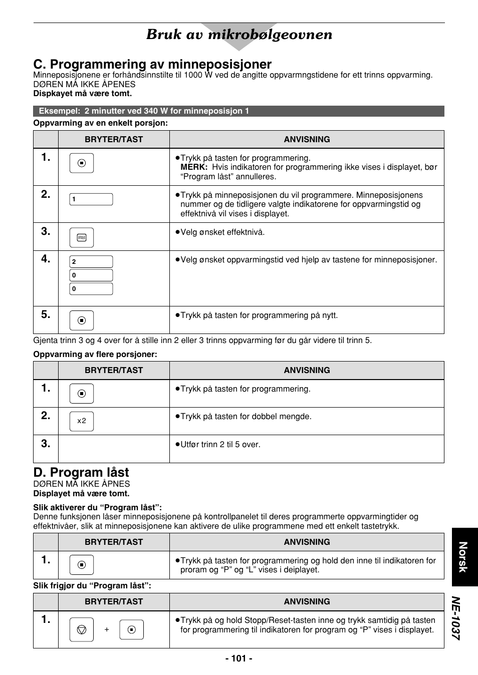 Bruk av mikrobølgeovnen, C. programmering av minneposisjoner, D. program låst | Norsk ne-1037 | Panasonic NE1027 User Manual | Page 101 / 116