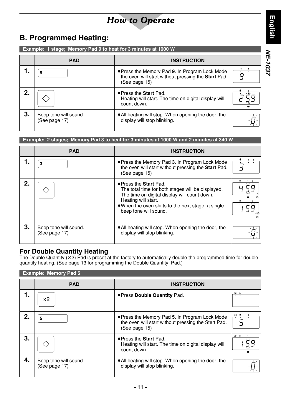 How to operate, B. programmed heating, English ne-1037 | For double quantity heating | Panasonic NE1027 User Manual | Page 11 / 116