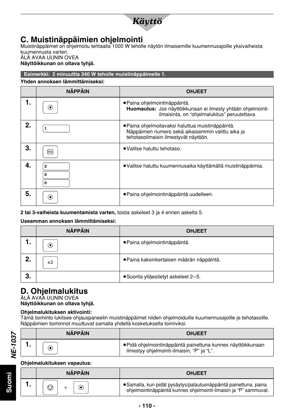 Käyttö, C. muistinäppäimien ohjelmointi, D. ohjelmalukitus | Suomi ne-1037 | Panasonic NE1027 User Manual | Page 110 / 116