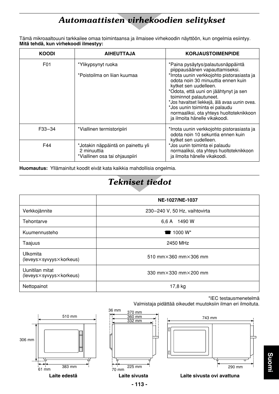 Automaattisten virhekoodien selitykset, Tekniset tiedot, Suomi | Panasonic NE1027 User Manual | Page 113 / 116