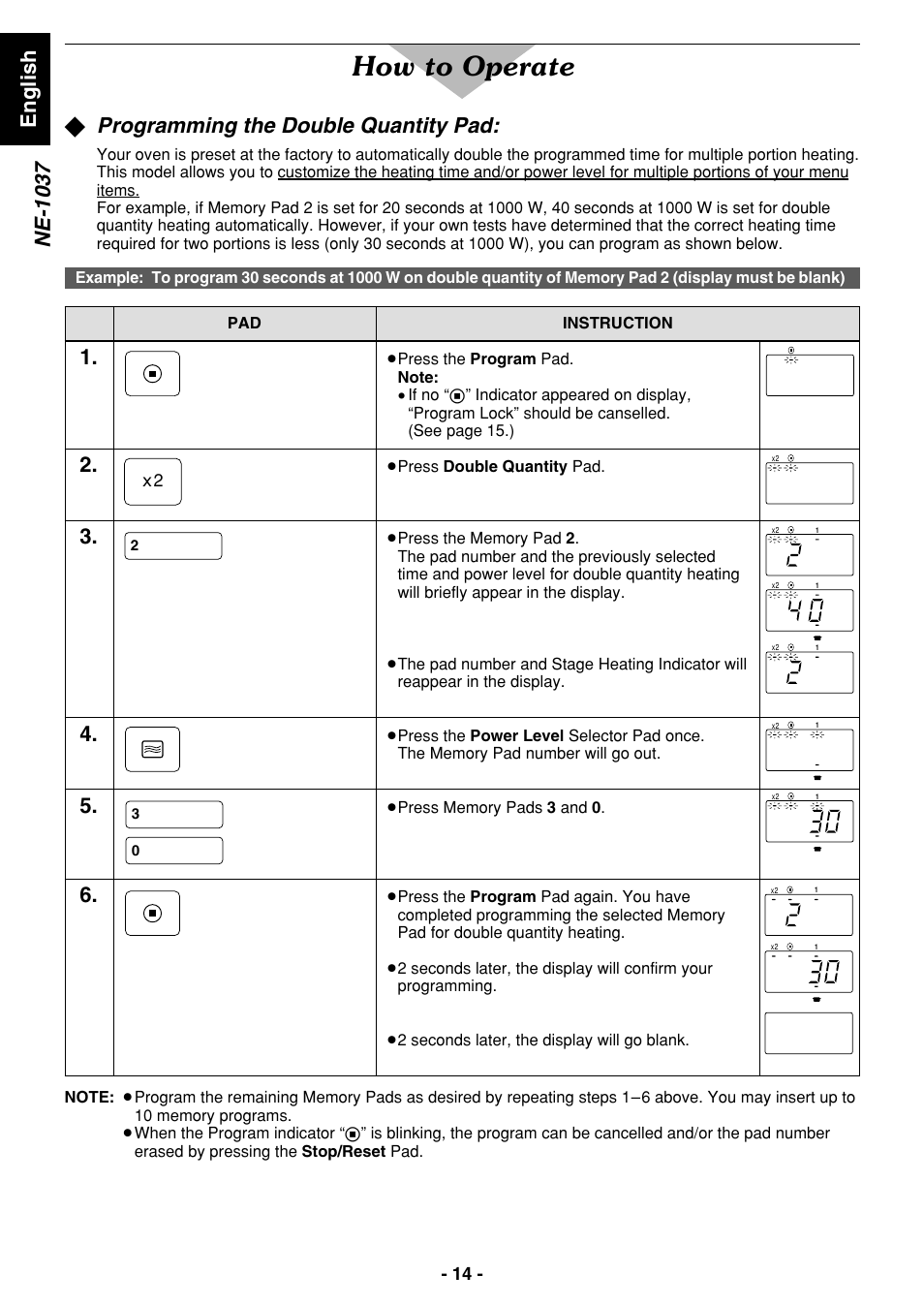How to operate, English ne-1037, Programming the double quantity pad | Panasonic NE1027 User Manual | Page 14 / 116