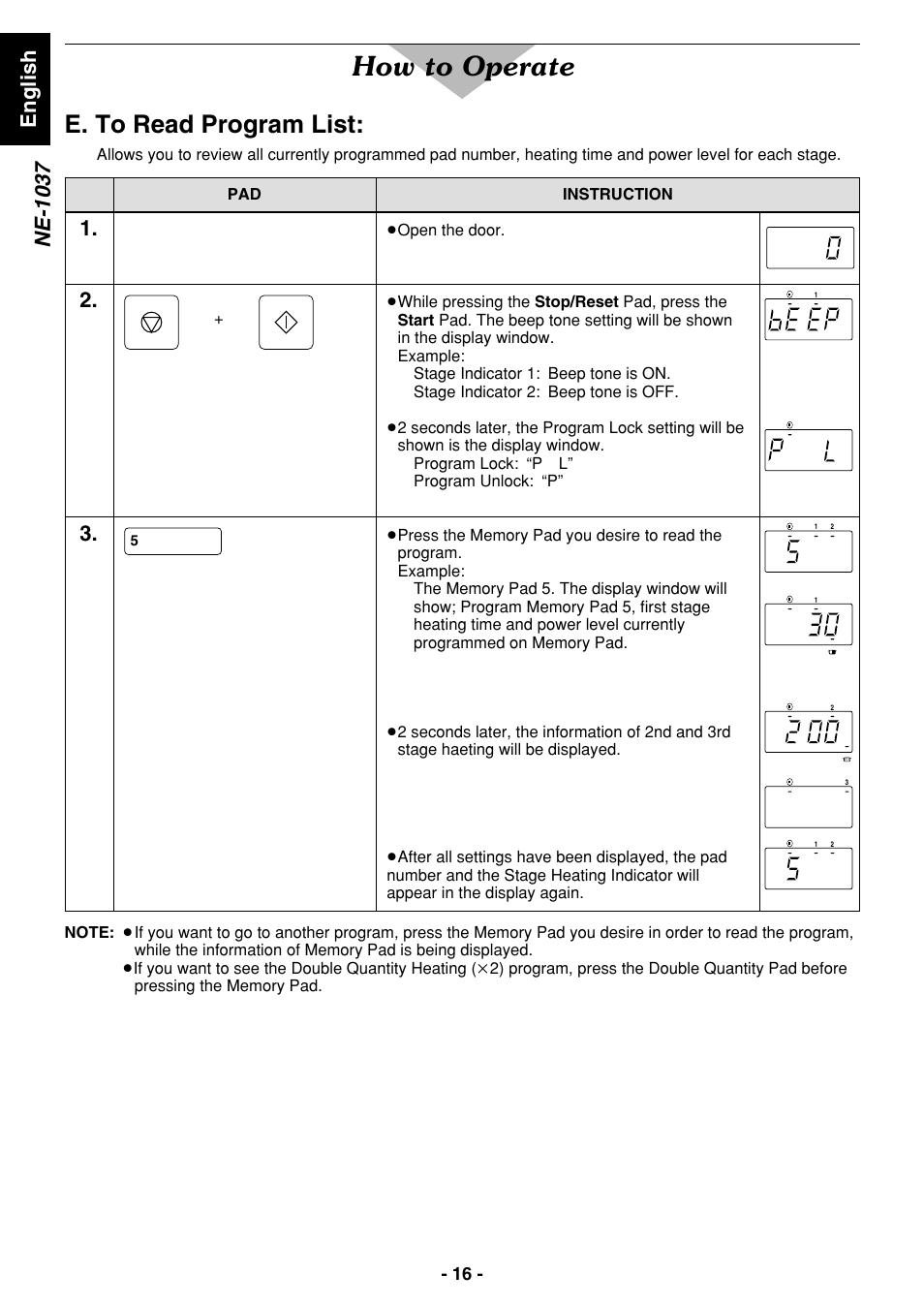 How to operate, E. to read program list, English ne-1037 | Panasonic NE1027 User Manual | Page 16 / 116