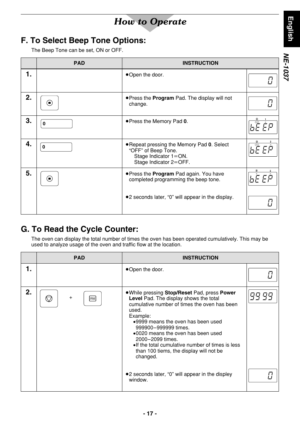 How to operate, F. to select beep tone options, G. to read the cycle counter | English ne-1037 | Panasonic NE1027 User Manual | Page 17 / 116