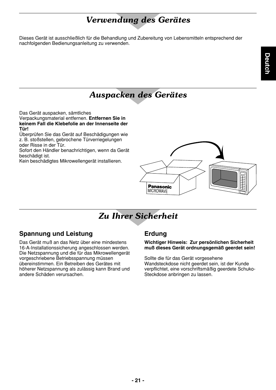 Verwendung des gerätes, Auspacken des gerätes, Zu ihrer sicherheit | Panasonic NE1027 User Manual | Page 21 / 116