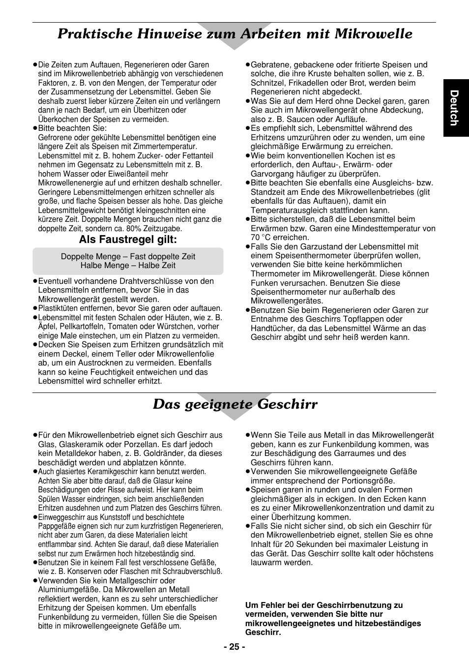 Praktische hinweise zum arbeiten mit mikrowelle, Das geeignete geschirr, Deutch | Als faustregel gilt | Panasonic NE1027 User Manual | Page 25 / 116