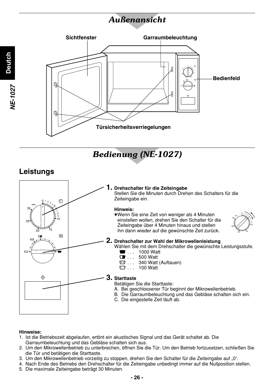 Außenansicht, Bedienung (ne-1027), Leistungs 1 | Ne-1027, Deutch | Panasonic NE1027 User Manual | Page 26 / 116