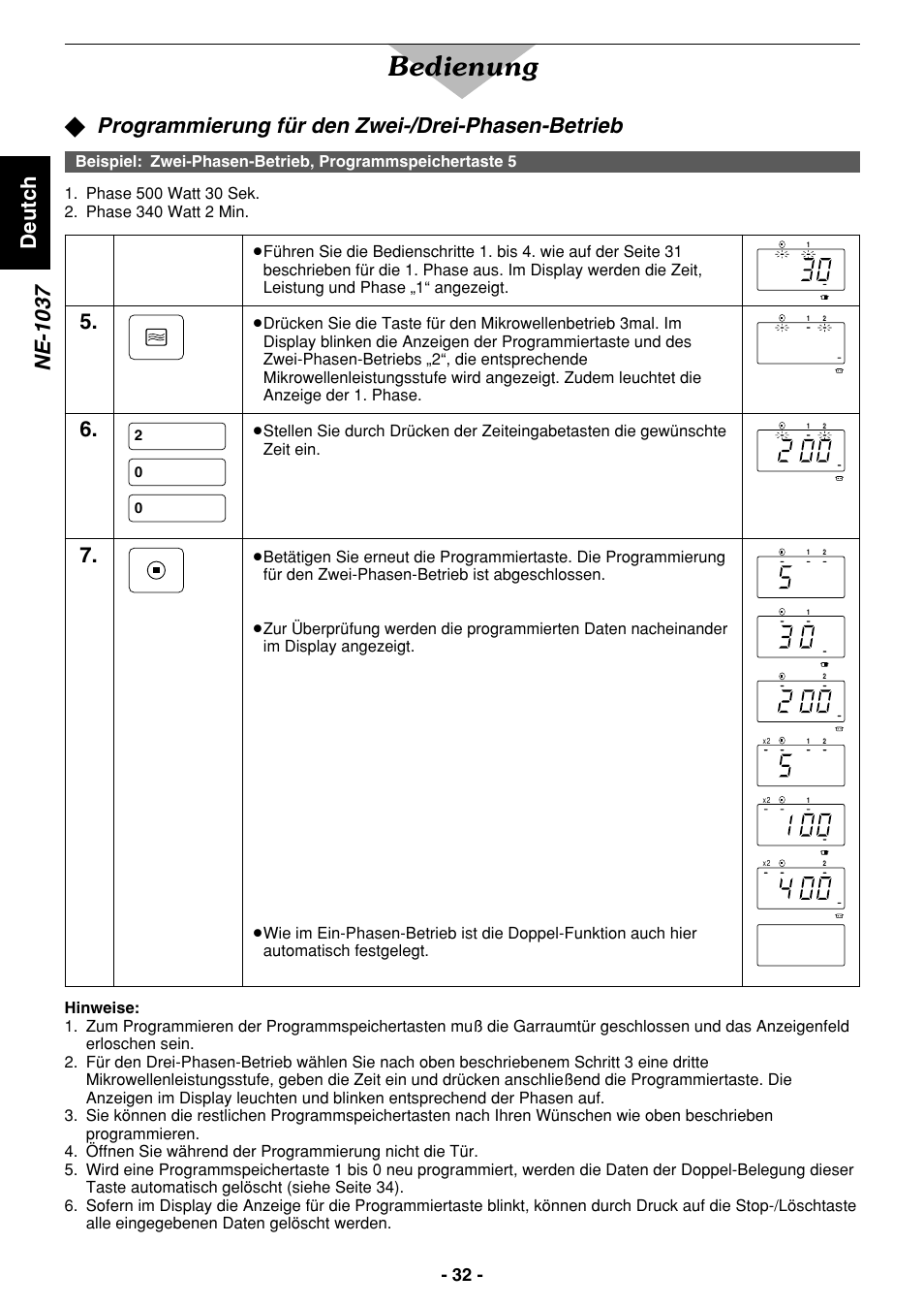 Bedienung, Deutch ne-1037, Programmierung für den zwei-/drei-phasen-betrieb | Panasonic NE1027 User Manual | Page 32 / 116