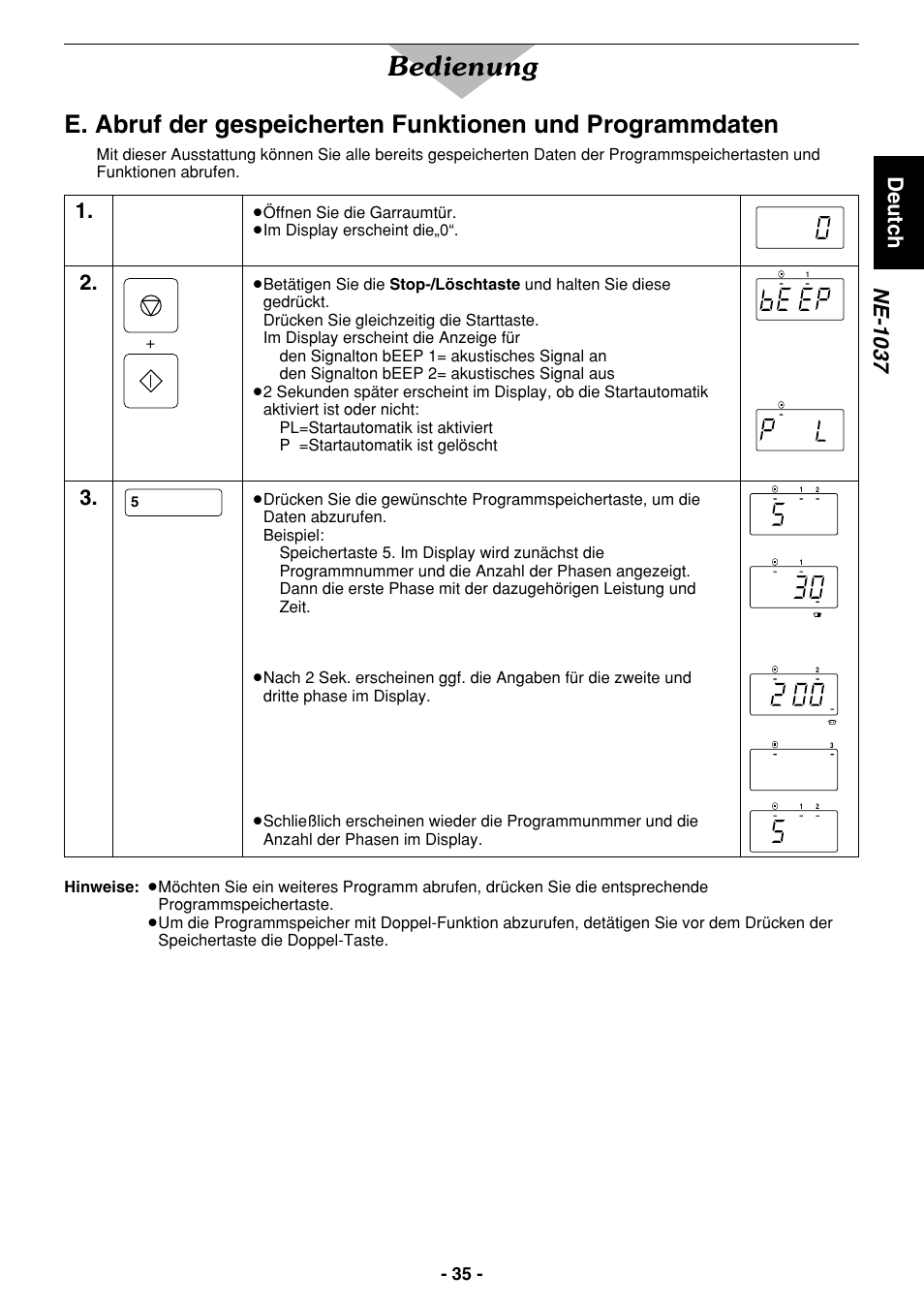 Bedienung, Ne-1037 deutch | Panasonic NE1027 User Manual | Page 35 / 116