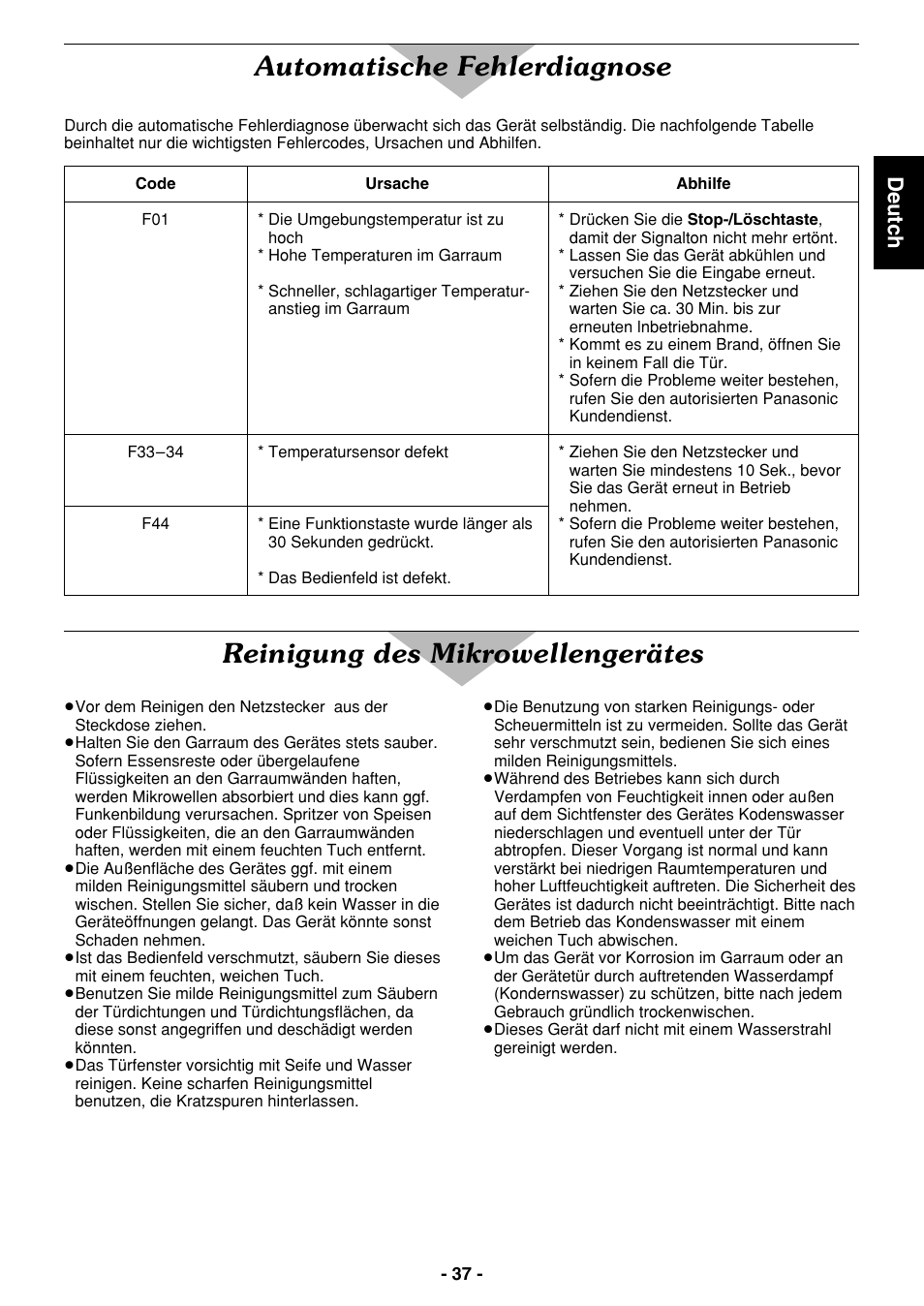 Automatische fehlerdiagnose, Reinigung des mikrowellengerätes, Deutch | Panasonic NE1027 User Manual | Page 37 / 116