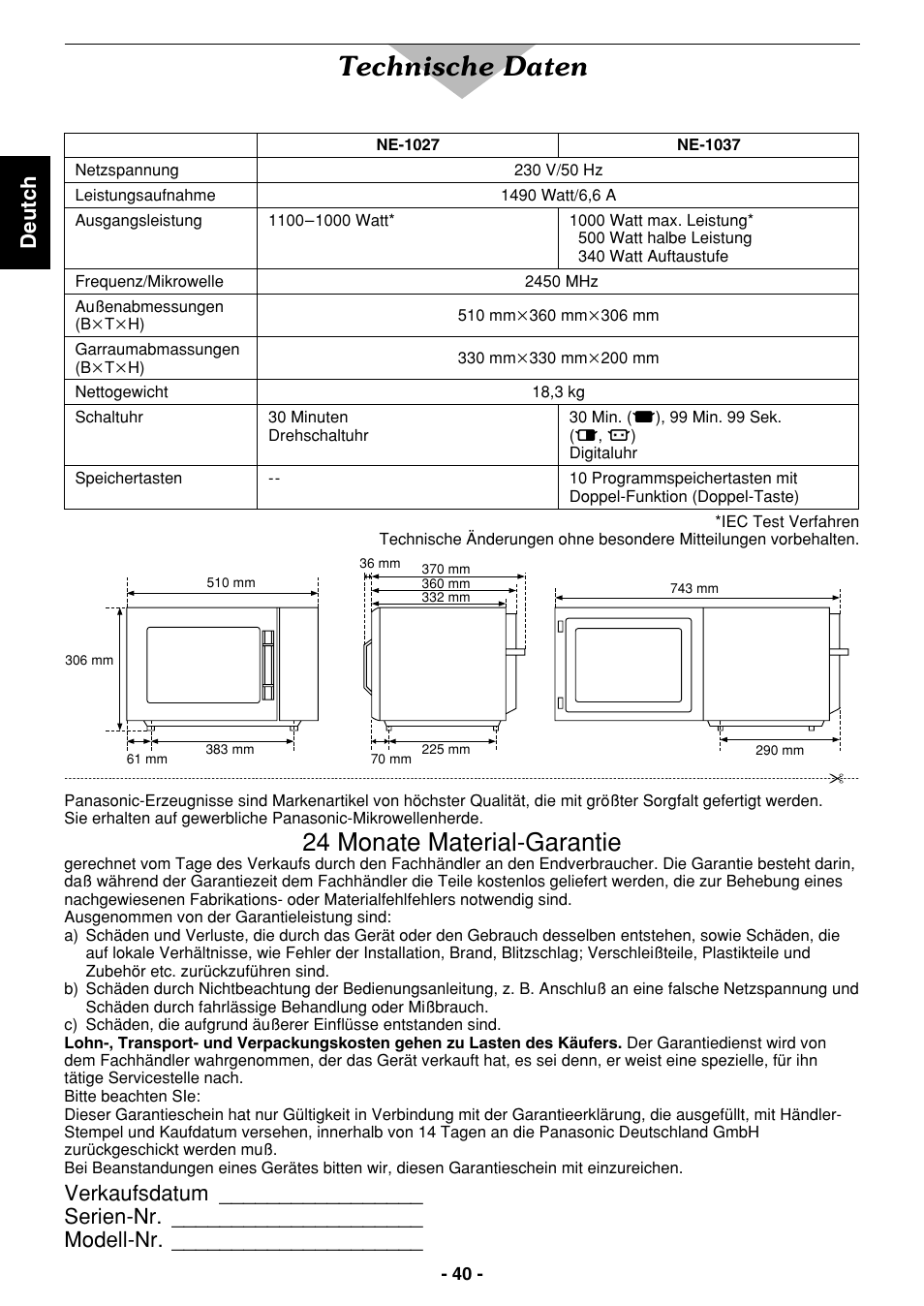 Technische daten, 24 monate material-garantie, Deutch | Panasonic NE1027 User Manual | Page 40 / 116