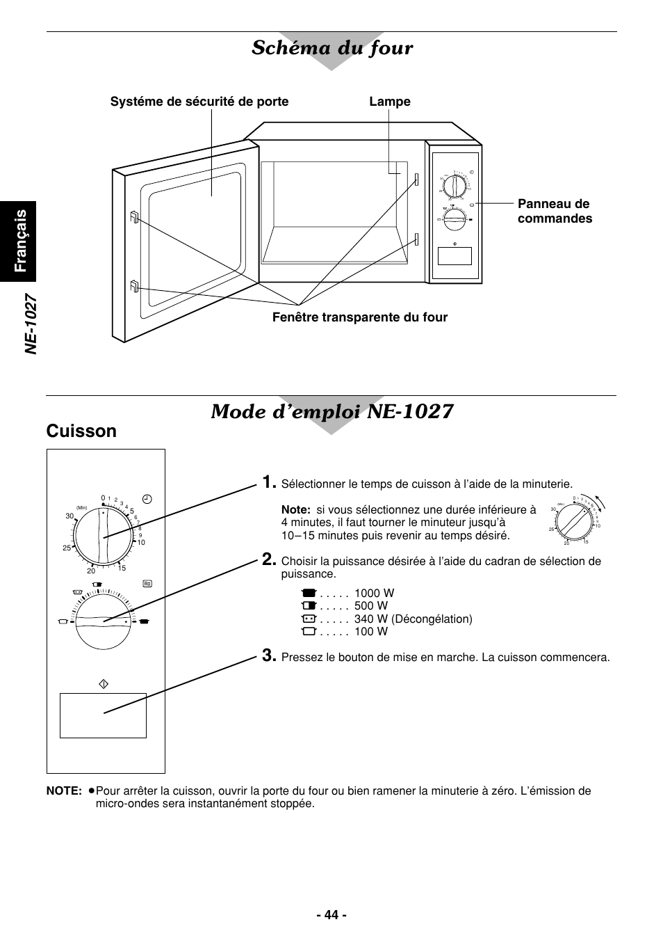 Schéma du four, Mode d’emploi ne-1027, Cuisson 1 | Ne-1027, Fran ç ais | Panasonic NE1027 User Manual | Page 44 / 116