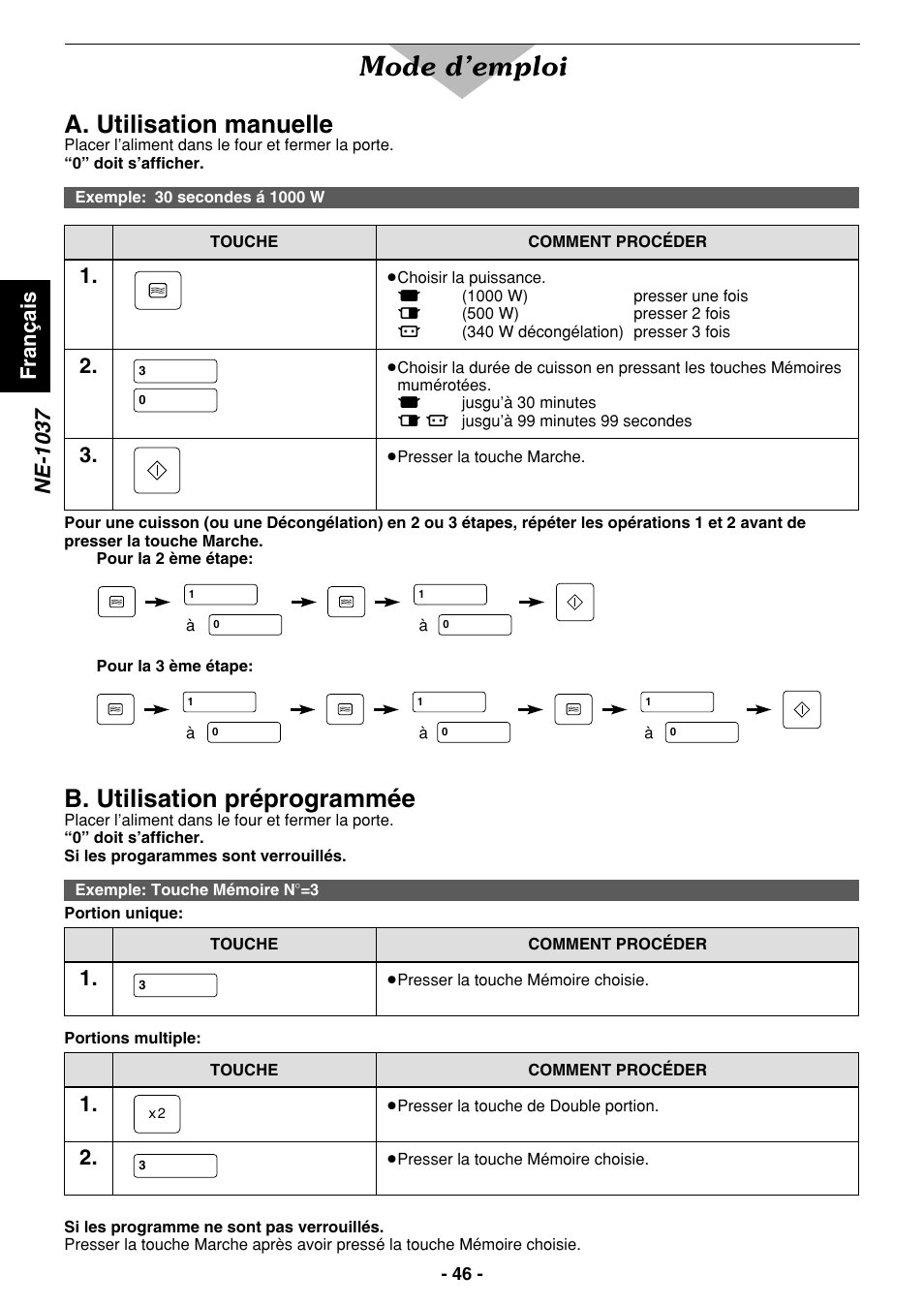 Mode d’emploi, A. utilisation manuelle, B. utilisation préprogrammée | Ne-1037, Fran ç ais | Panasonic NE1027 User Manual | Page 46 / 116