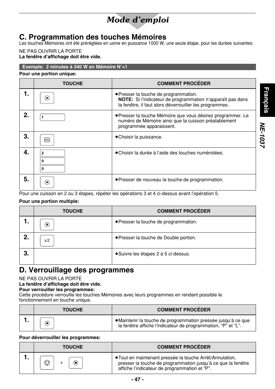 Mode d’emploi, C. programmation des touches mémoires, D. verrouillage des programmes | Ne-1037, Fran ç ais | Panasonic NE1027 User Manual | Page 47 / 116