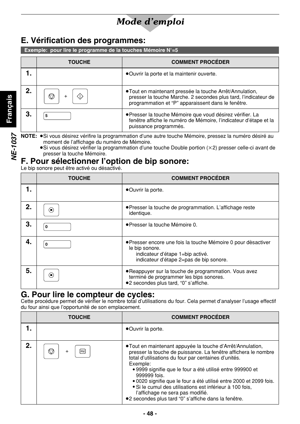 Mode d’emploi, E. vérification des programmes, F. pour sélectionner l’option de bip sonore | G. pour lire le compteur de cycles, Ne-1037, Fran ç ais | Panasonic NE1027 User Manual | Page 48 / 116