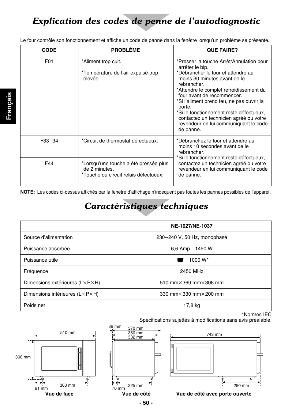 Explication des codes de penne de l’autodiagnostic, Caractéristiques techniques, Fran ç ais | Panasonic NE1027 User Manual | Page 50 / 116