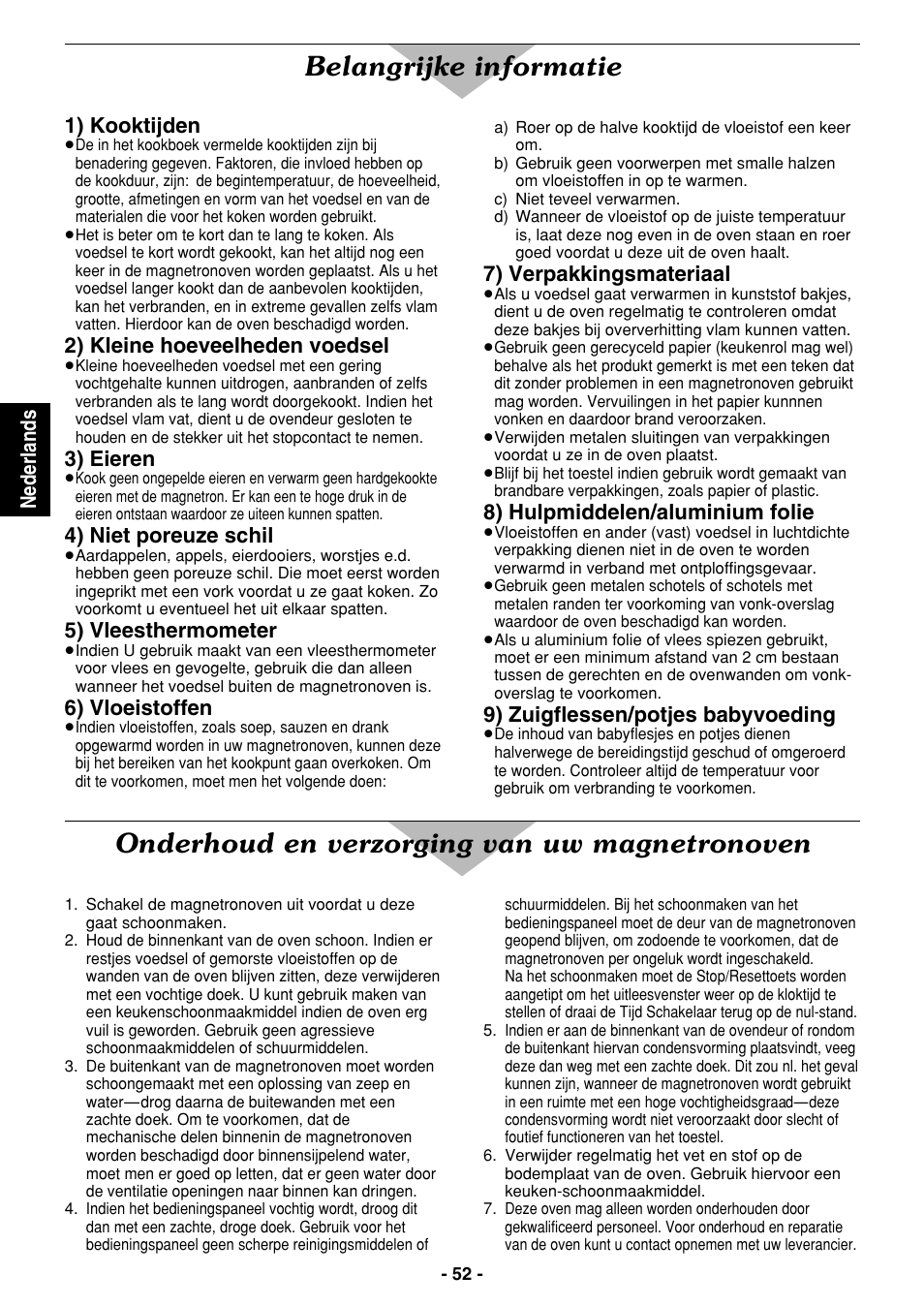 Belangrijke informatie, Onderhoud en verzorging van uw magnetronoven, Nederlands | 1) kooktijden, 2) kleine hoeveelheden voedsel, 3) eieren, 4) niet poreuze schil, 5) vleesthermometer, 6) vloeistoffen, 7) verpakkingsmateriaal | Panasonic NE1027 User Manual | Page 52 / 116