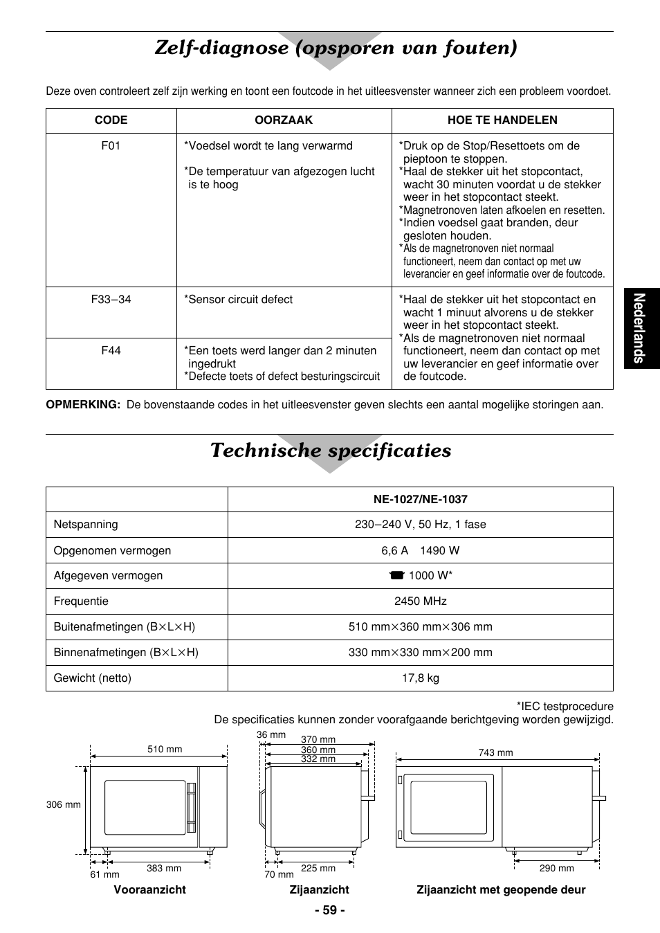 Zelf-diagnose (opsporen van fouten), Technische specificaties, Nederlands | Panasonic NE1027 User Manual | Page 59 / 116