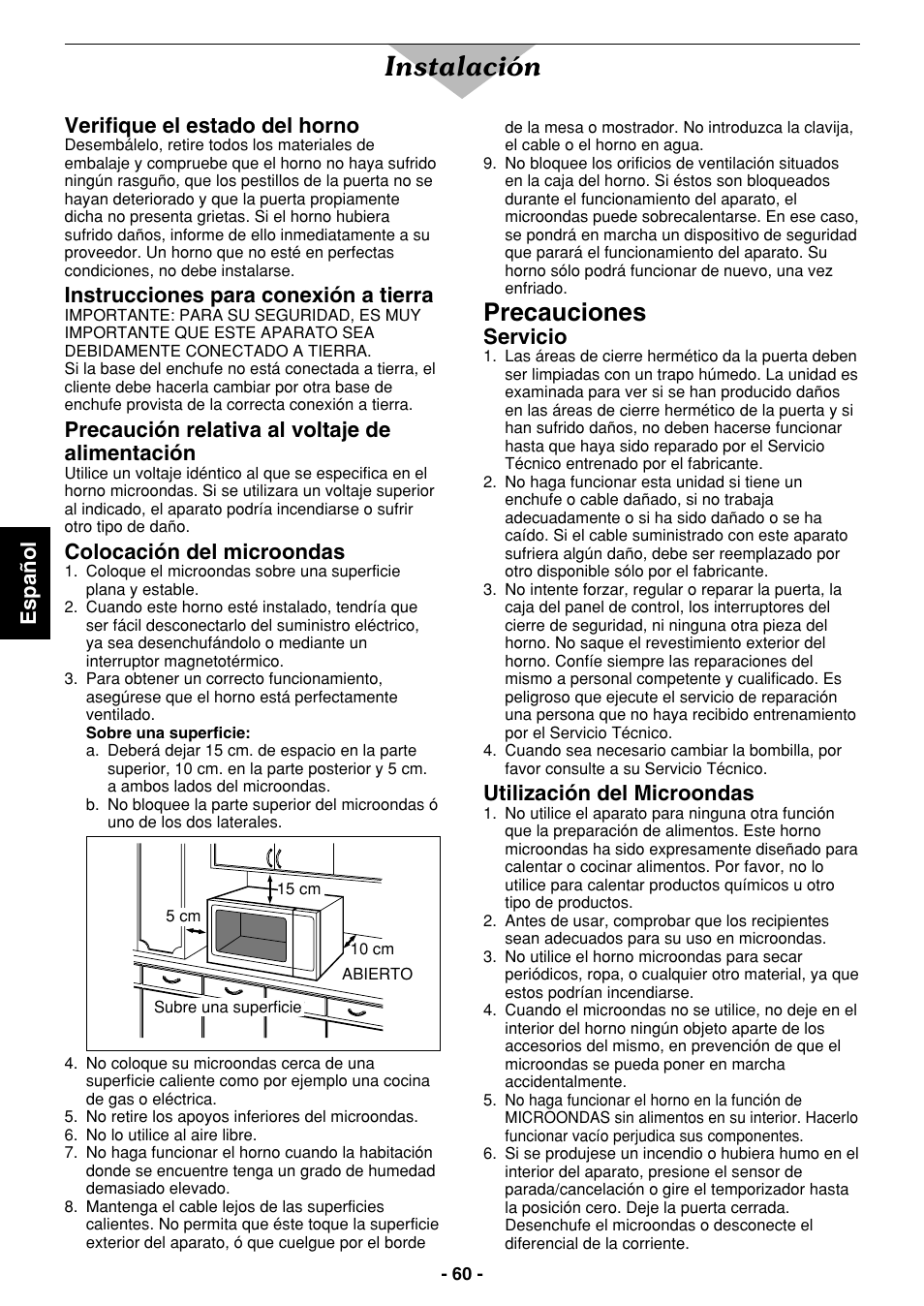 Instalación, Precauciones, Español | Verifique el estado del horno, Instrucciones para conexión a tierra, Precaución relativa al voltaje de alimentación, Colocación del microondas, Servicio, Utilización del microondas | Panasonic NE1027 User Manual | Page 60 / 116